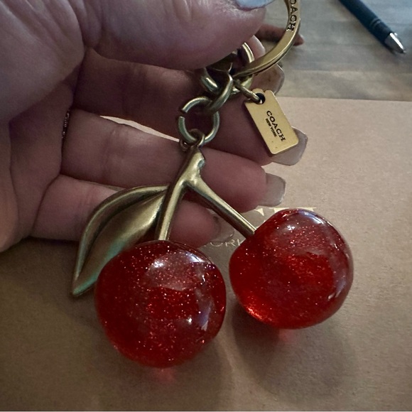 Coach Red Resin Glitter Cherries Gold Brass Keychain Fob Bag Charm - Picture 3 of 7